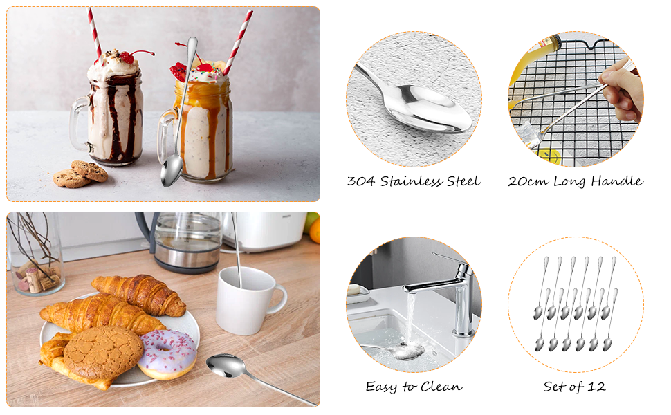 12 довгих ложок для лате макіато, 20 см: коктейльні, для морозива, кави, молочних коктейлів, десертів, нержавіюча сталь, придатні для миття в посудомийній машині