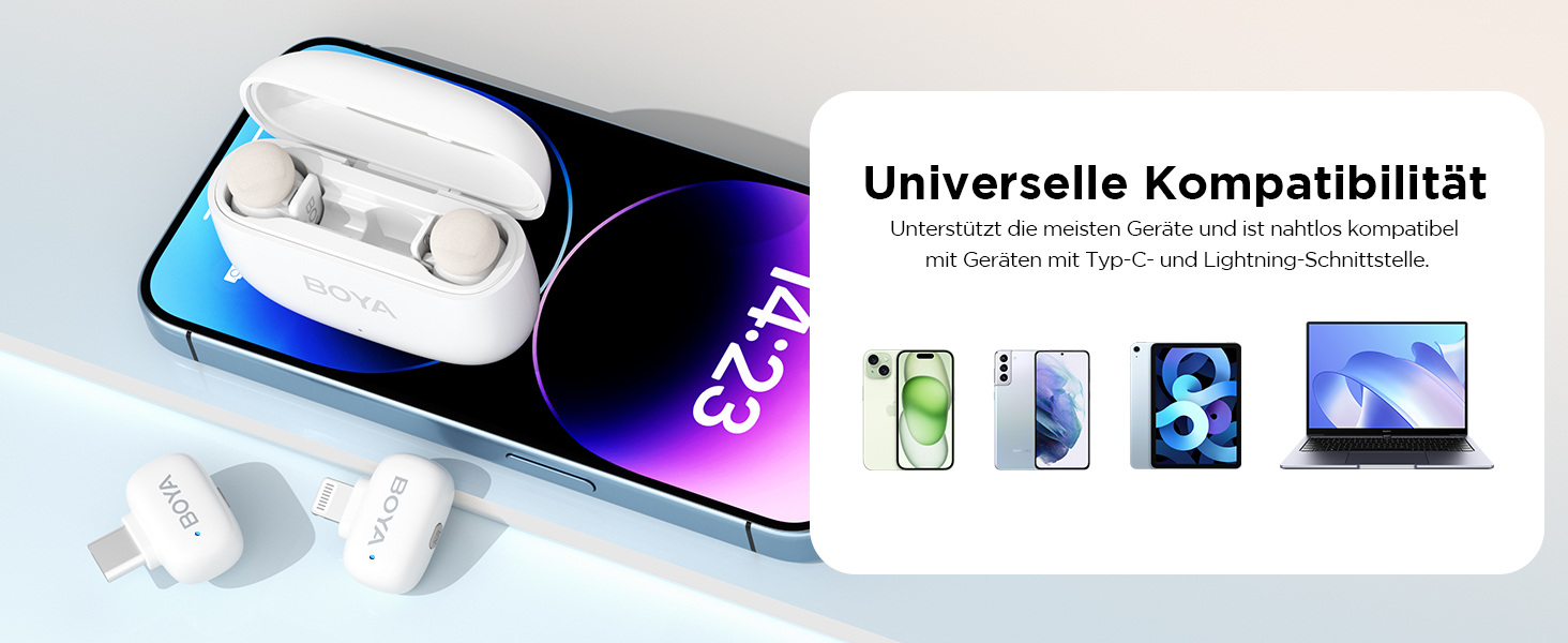 BOYA Mini 2: Бездротовий петличний мікрофон для iPhone 15/16/17 та Android (USB-C), 48kHz/24Bit, для Vlogging та TikTok, білий