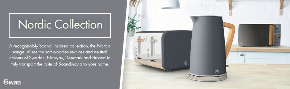 Мікрохвильова піч Swan Nordic 20L, 800W, 6 режимів, таймер 30 хв, функція розморожування, Easy Clean, сірий матовий колір, дерев'яний деко