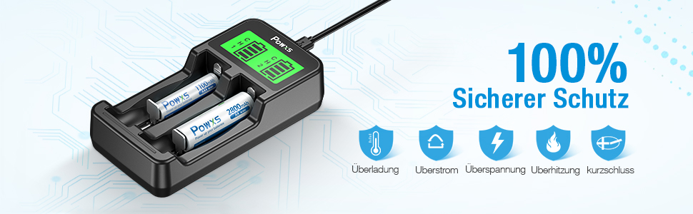 Зарядний пристрій POWXS для акумуляторів 18650 з LCD-дисплеєм та тестуванням, сумісний з Li-Ion, IMR, NI-MH, NI-Cd AA AAA C 26650 21700 10440 RCR123 (2 слоти)