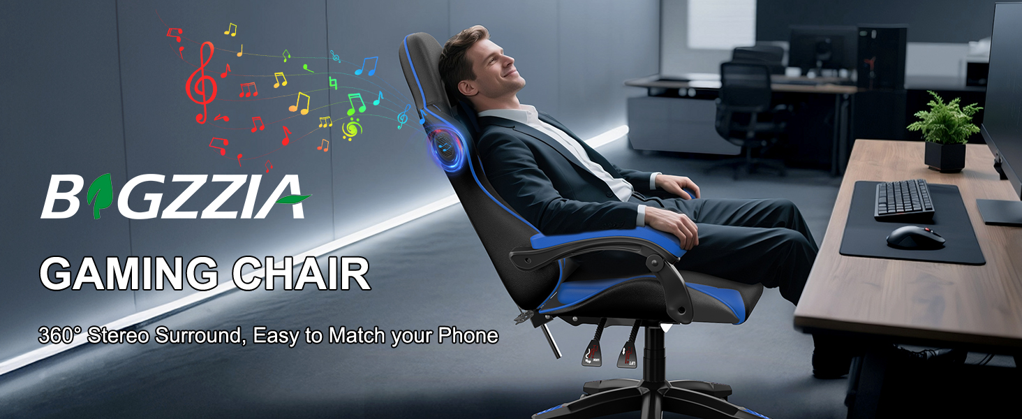 Геймерське крісло Bigzzia Ergonomisch з підтримкою попереку та голови, Bluetooth, блакитне, для підлітків та дорослих