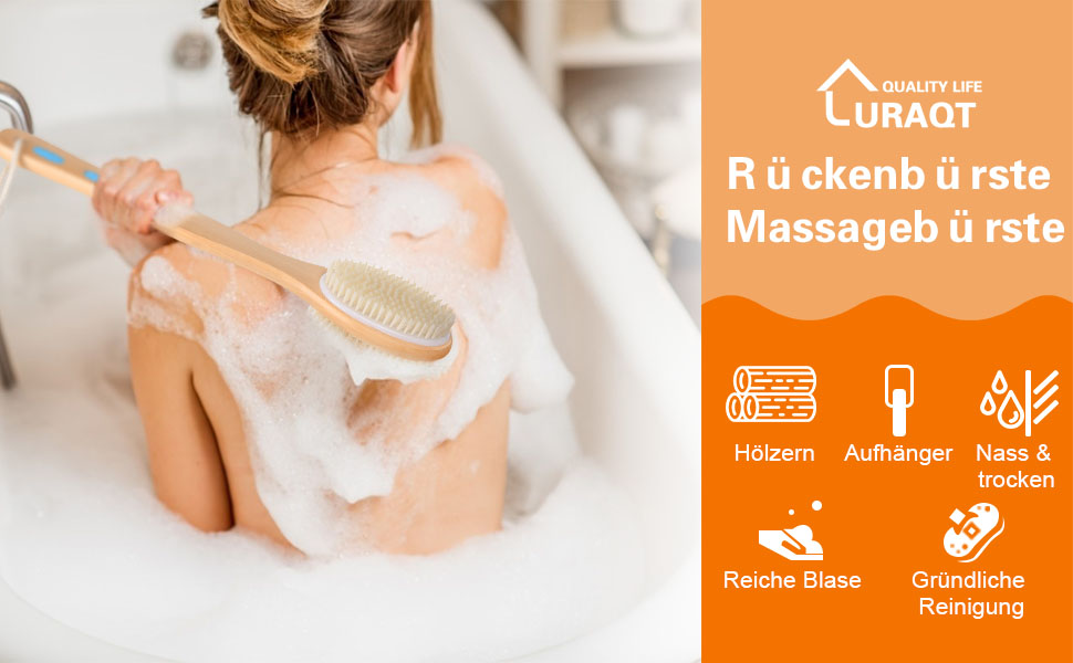 Масажна щітка для спини URAQT з натуральною щетиною, двостороння, з довгим руків'ям для масажу та пілінгу тіла
