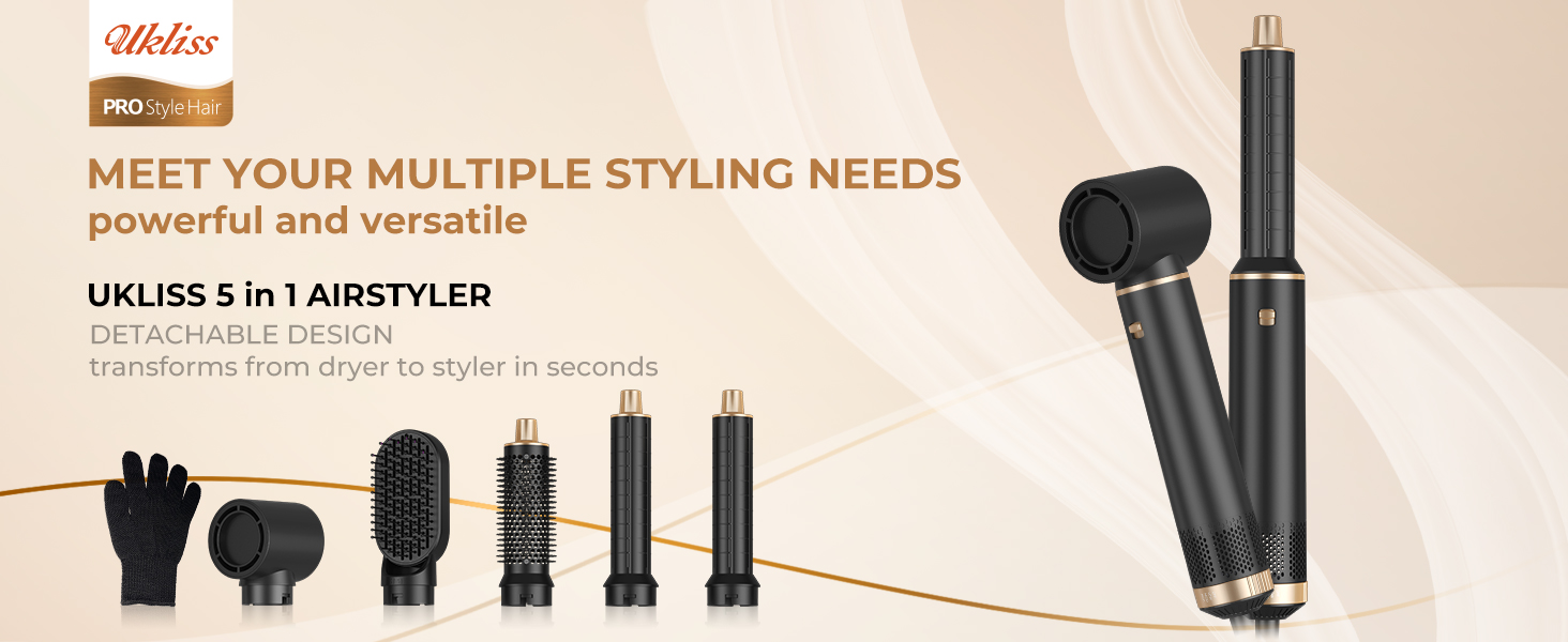 UKLISS Airstyler Pro 7-в-1: професійний фен-щітка з іонізацією, 1400W. Для створення локонів, випрямлення та сушіння волосся. (Жовтий)