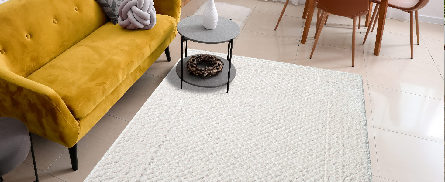Килим для вітальні та спальні 120x170 см, кремовий, з високим ворсом, візерунок ромбі, 3D-ефект, стиль бохо/сканді