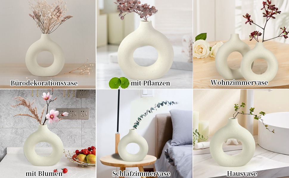 Large Ceramic Doughnut Vase for Pampas Grass - Modern Boho Round Vase for Home & Office Decor