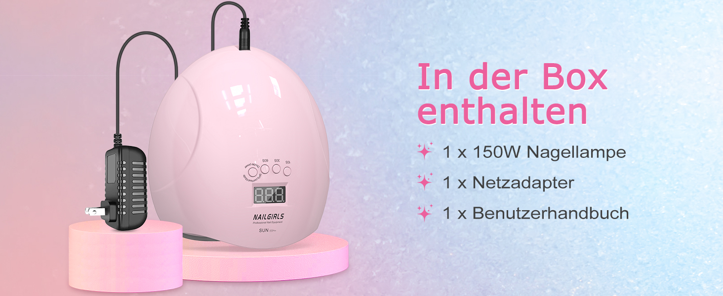 LED UV лампа для нігтів NAILGIRLS 150W з таймером, датчиком та LCD дисплеєм. Підходить для гель-лаку, пальців та нігтів. Рожевий колір.