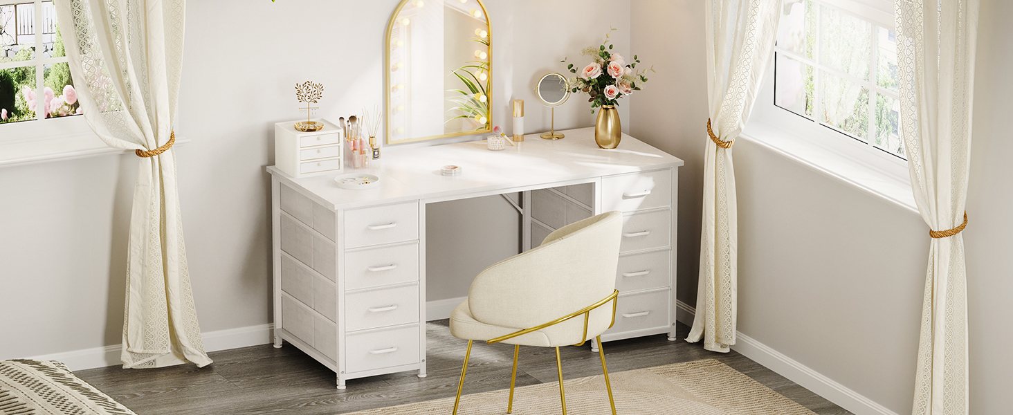 Комп'ютерний стіл Coleshome з 8 висувними ящиками з тканини, 140x48 см, білий. Зберігання, для офісу, дому, ігровий стіл.