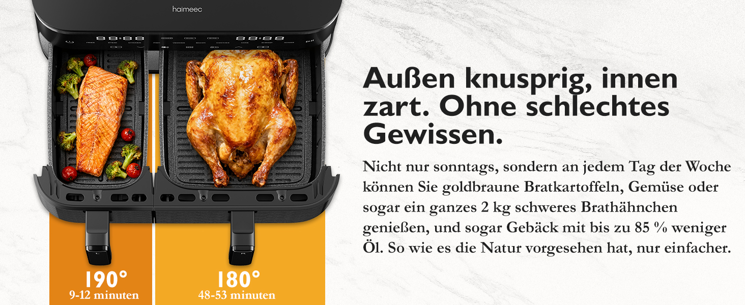 Електрична фритюрниця повітряна 11л, 2 камери з грилем, 10-в-1, без олії, з нагадуванням про струшування <60дБ, з антипригарним покриттям, 78 рецептів