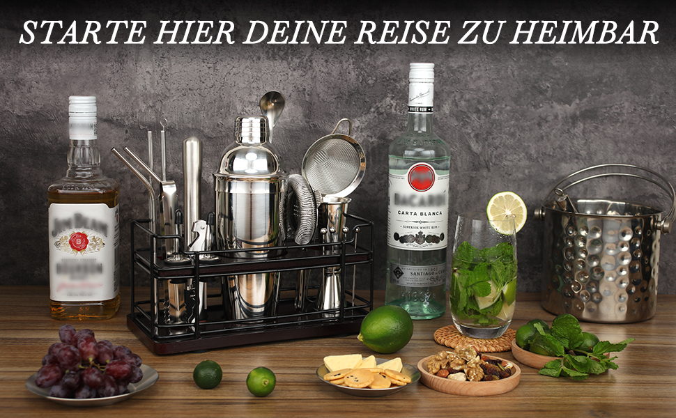 Набір для коктейлів Boston Cocktail Shaker Set 20 предметів з підставкою, 825 мл, нержавіюча сталь, для дому, професійний, з аксесуарами та рецептами, ідеальний подарунковий набір (сріблястий)