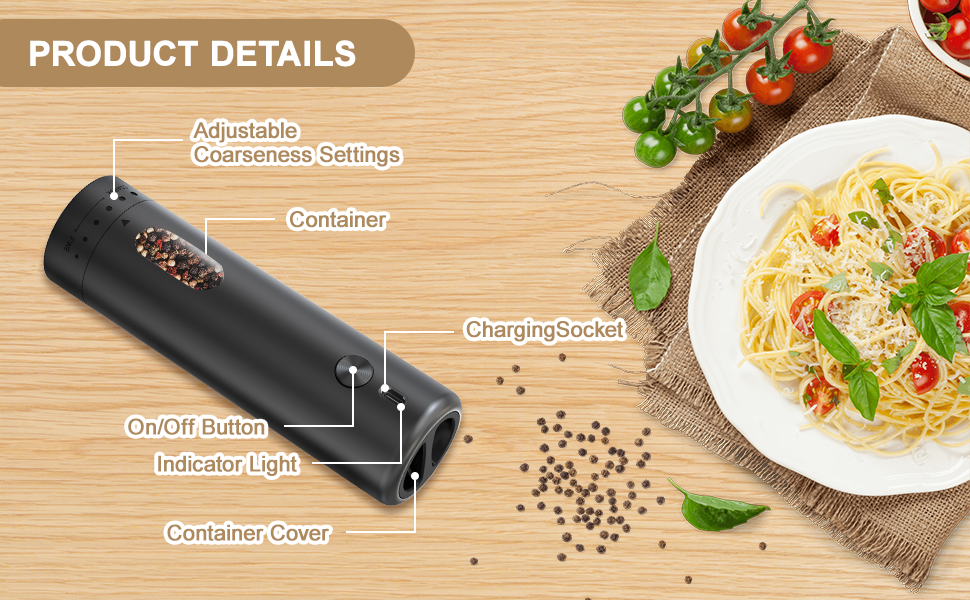 Електричний набір для солі та перцю з зарядною станцією, об'єм 110 мл, перезаряджувана солянка з 5 рівнями, керамічна млинка з щіткою (1 шт. чорний)