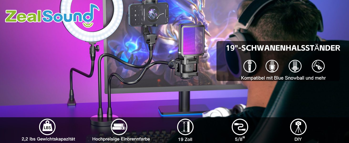 Кріплення для мікрофону Zealsound – регульований штатив-«лебідь» з кріпленням, адаптер 3/8' на 5/8', міцна клямка для столу, сумісний з Blue Snowball, Ice, Spark, SoloCast, 33 см (T19-19 см, лише кріплення)