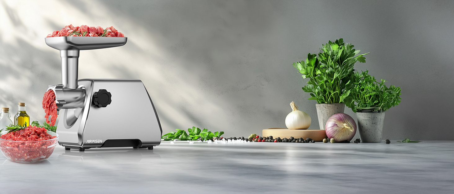М'ясорубка електрична AIRMSEN з насадкою для ковбас, 2 сталеві ножі, 3 диски, насадка Kubbe, потужний мотор, нержавіюча сталь