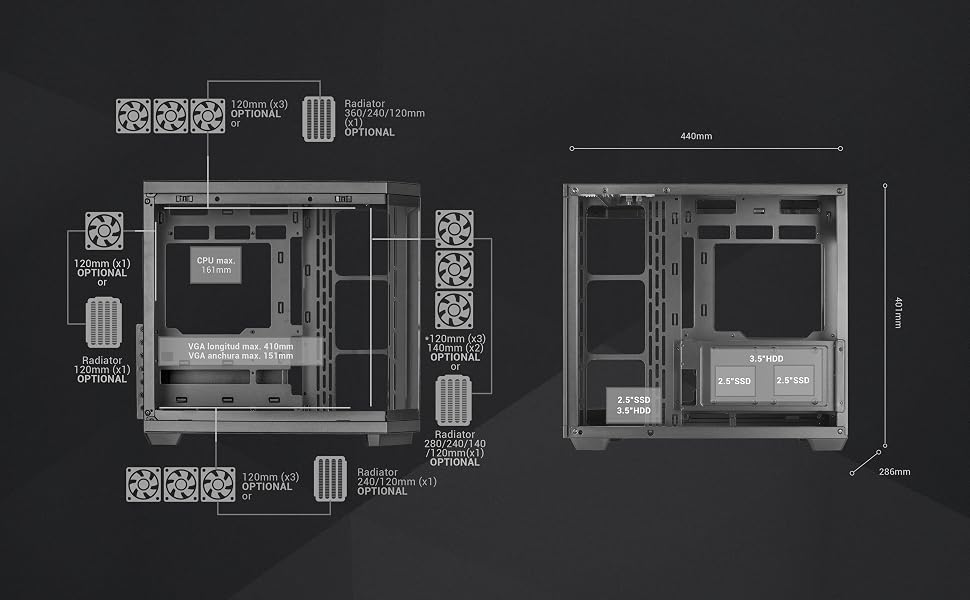 Ігровий корпус Mars Gaming MC-3T CORE ATX, панорамне скло (Dual-Camera), реверсивна материнська плата, підтримка рідкого охолодження, чорний