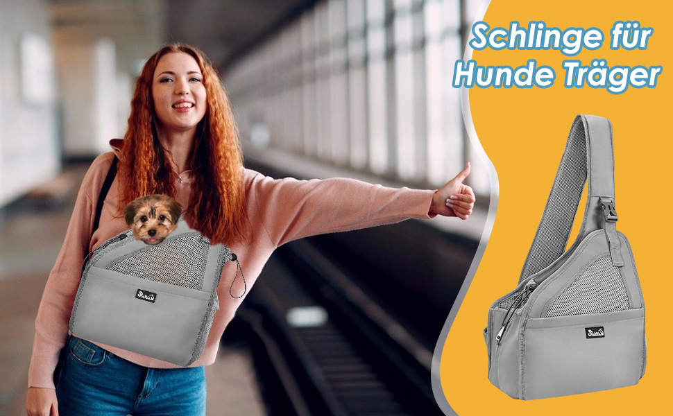 Dog-friendly sling carriers, hands-free travel bag for small pets with adjustable straps, hardboard base, safety belt, for dogs up to 2.8kg, wider version, gray
