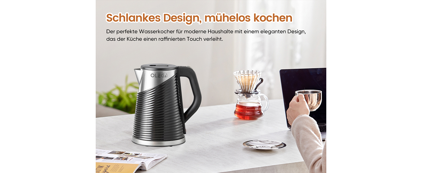 Електричний чайник OLEGA 1.8 л, 1800 Вт, швидкий нагрів, чорний, BPA Free