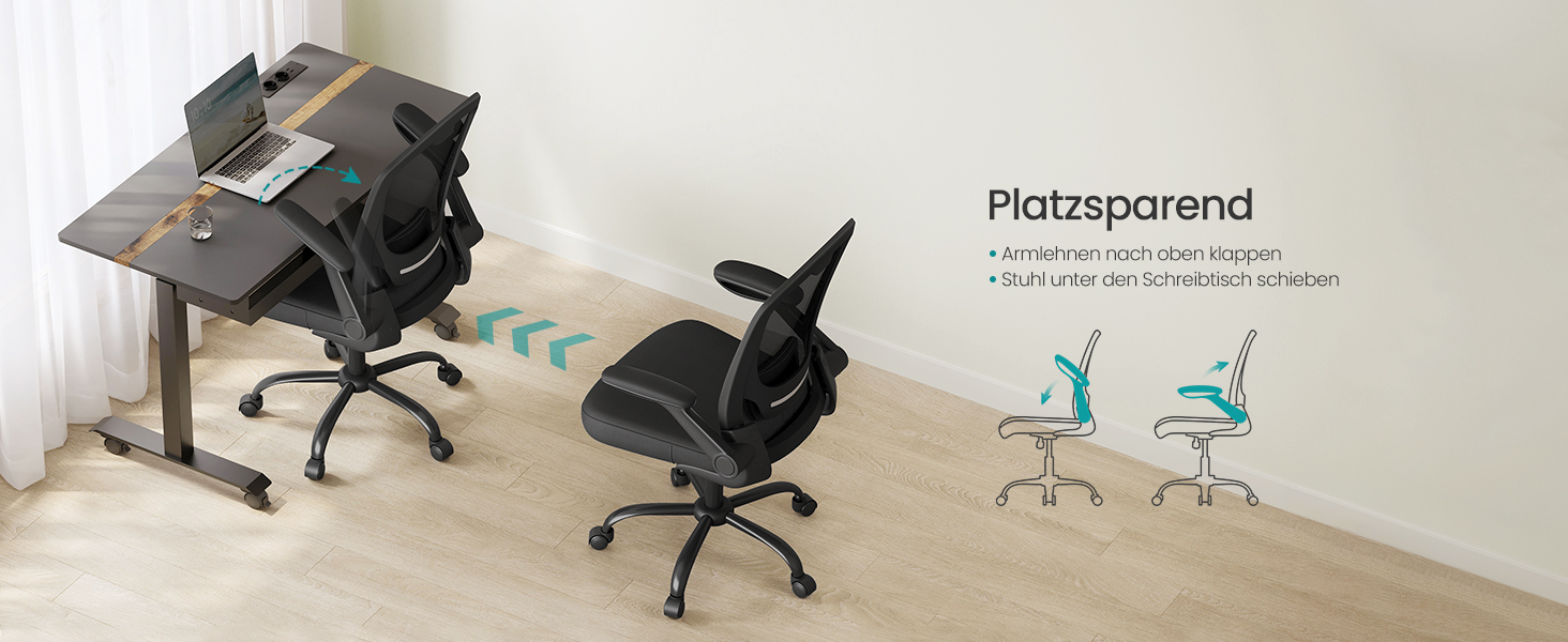 Офісне крісло SONGMICS з ергономічною спинкою з сітки, підтримкою попереку та підголівником, функцією гойдання, сидіння 53 см, відкидні підлокітники, для офісу та спальні, для студентів, чорне