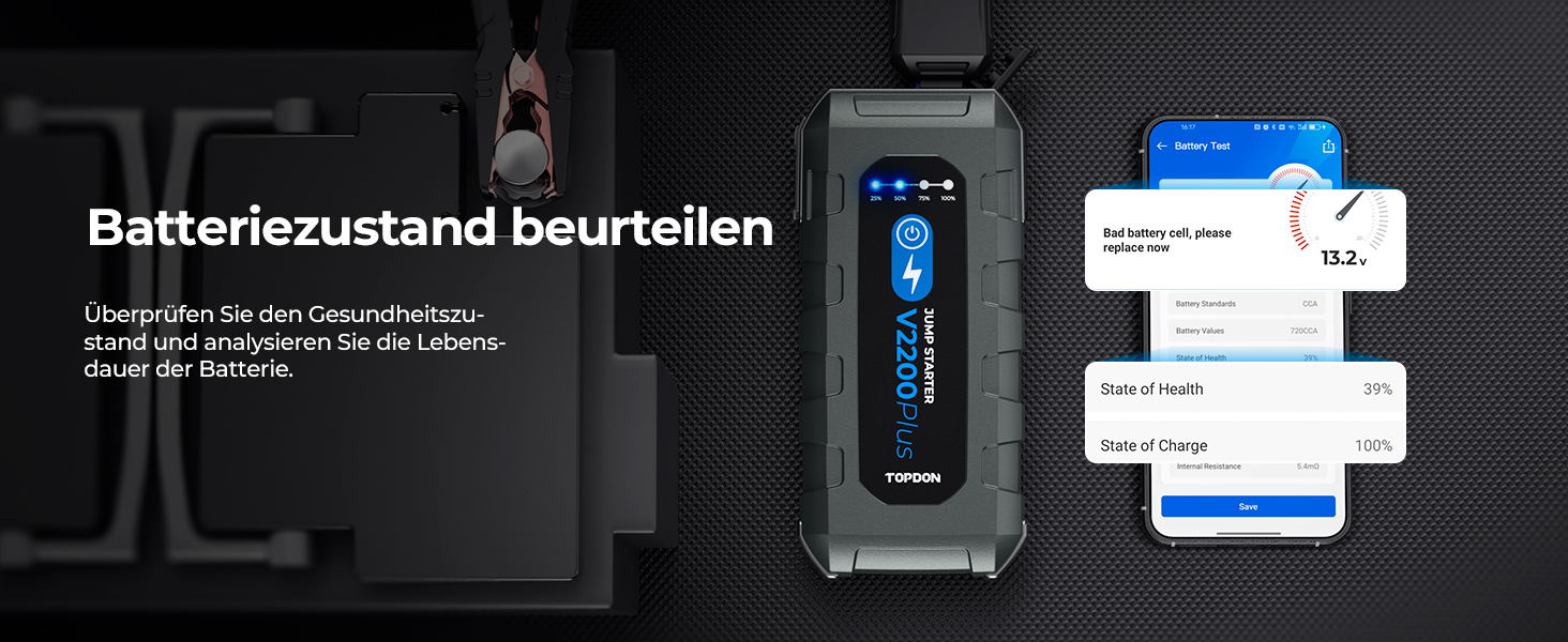 Powerbank TOPDON JS3000 для запуску двигуна, 24000mAh, 2200A, для бензинових (9.0L) та дизельних (7.0L) двигунів, з EVA-чохлом