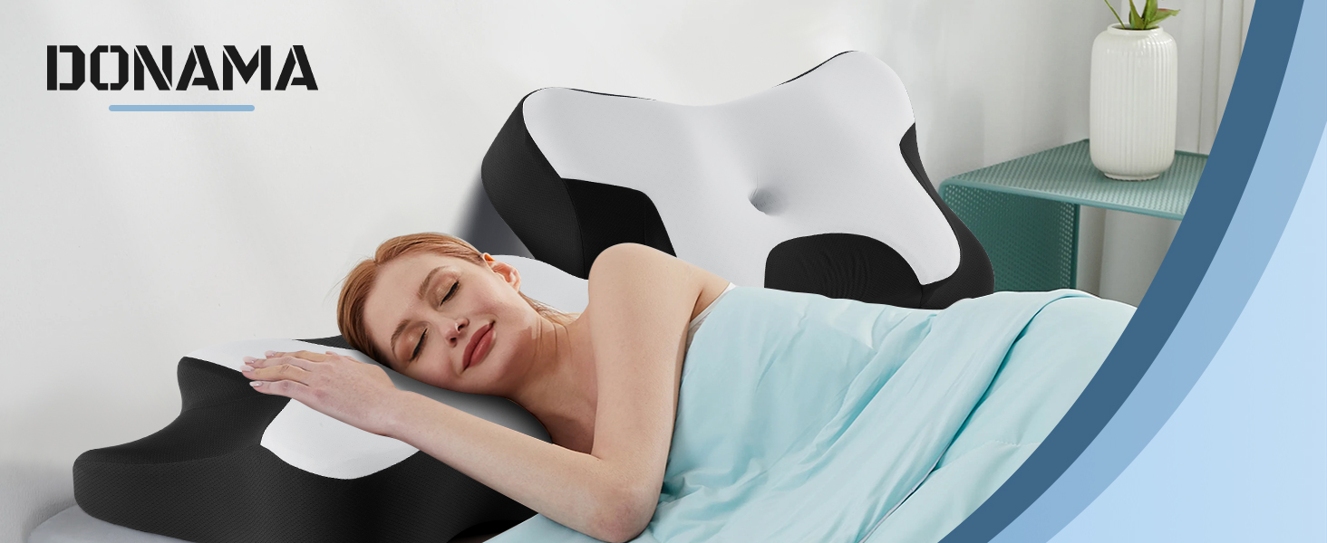 Подушка для шиї DONAMA для сну, ергономічна подушка для тих, хто спить на боці, спині та животі з знімним та пральним чохлом (Чорно-біла, 66x37x13 см)