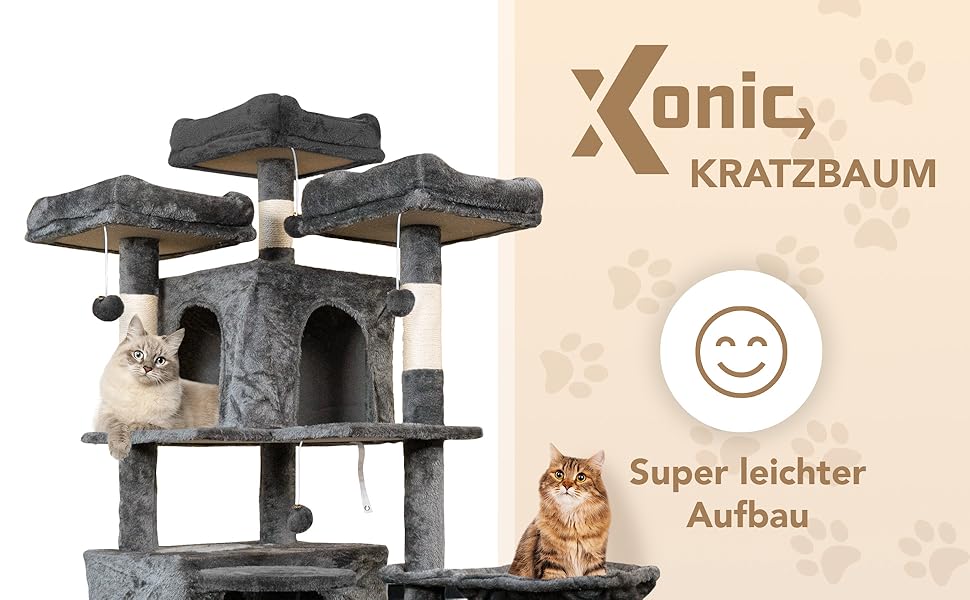 Кігтеточка для котів Foxdevil від xonic® – стабільна, 165 см, з 3 платформами, лежаком, 2 печерами, 3 іграшками та сходами-крігтеточками (сірий, V2)