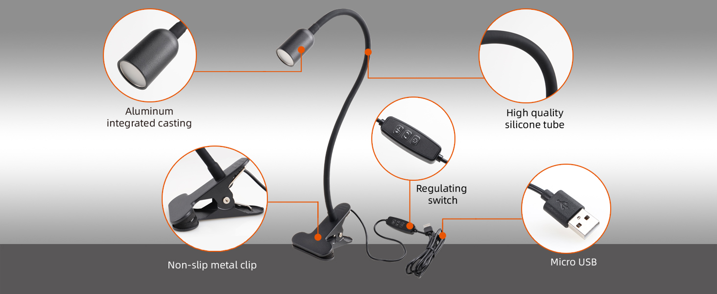 LED Лампа для читання на ліжко з кліпсою da LIGHT, настільна USB лампа з регульованою яскравістю та 3 режимами світла для навчання, роботи, чорна