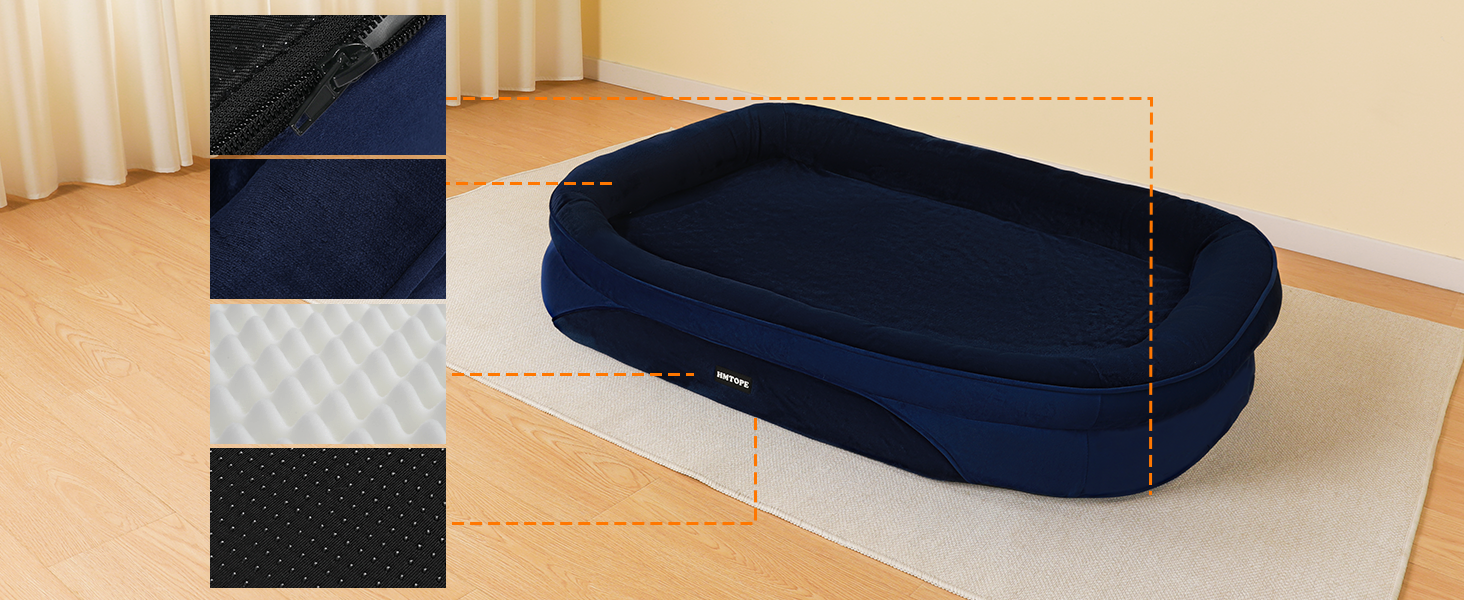 Ортопедичне ліжко для собак HMTOPE, собаче ліжко-софа з валиком для шиї, неслизьке дно, знімне та пральне, для маленьких та середніх собак, 90 x 71 x 15 см, темно-синій