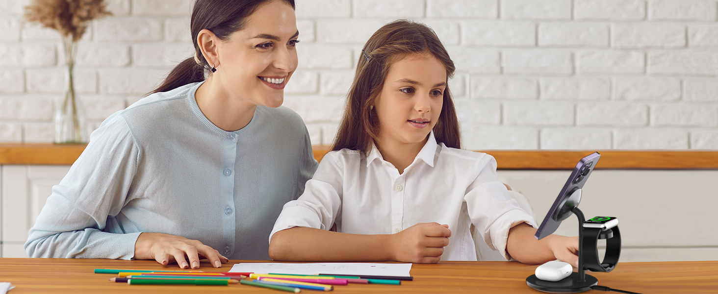 3-в-1 індукційна зарядка для декількох пристроїв, 15W MagSafe зарядка для iPhone 15/14, MagSafe зарядний пристрій для iWatch Ultra 2/1/Series 9/8, AirPods, білий/чорний