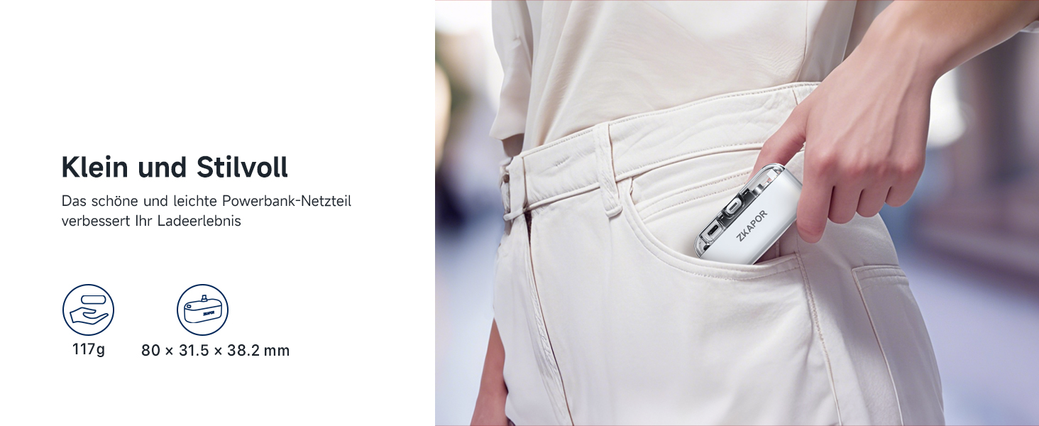 Портативний Power Bank ZKAPOR 5000mAh з USB-C, 20W PD, білий. Швидка зарядка для iPhone, Galaxy та USB-C телефонів