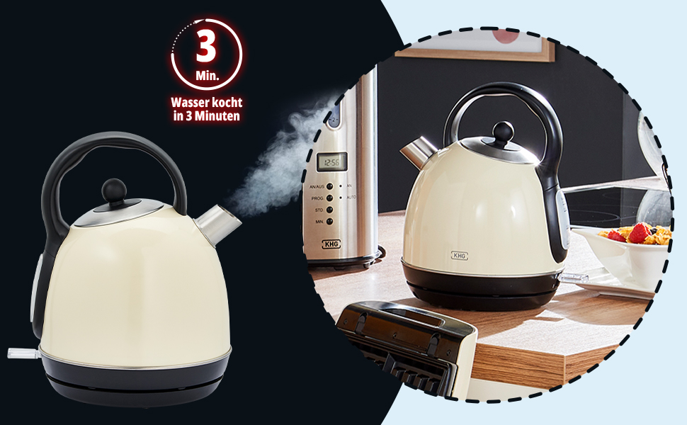 Електричний чайник KHG WK-1711 Retro, 1.7 л, кремовий колір, 360° підставка, фільтр від накипу, індикатор рівня води, захист від сухого кип'ятіння, прихований нагрівальний елемент, LED-підсвітка, 2200 Вт, 220 В
