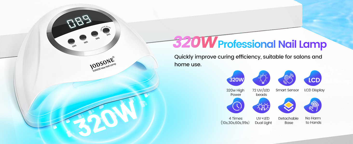 JODSONE 320W UV LED лампа для нігтів з авто-сенсором, 72 світлодіоди (червоне світло) та 4 таймерами (10/30/60/99s) – професійний апарат для сушіння гель-лаку, гелю та шелаку для рук і ніг