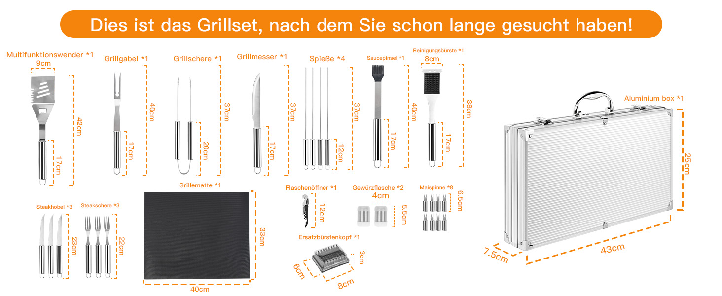 Набір грилю OUUTMEE 30шт з алюмінієвим кейсом: шампур, щипці, лопатка, ніж, пензлик для соусу. Інструменти для грилю, кемпінгу та відпочинку на природі