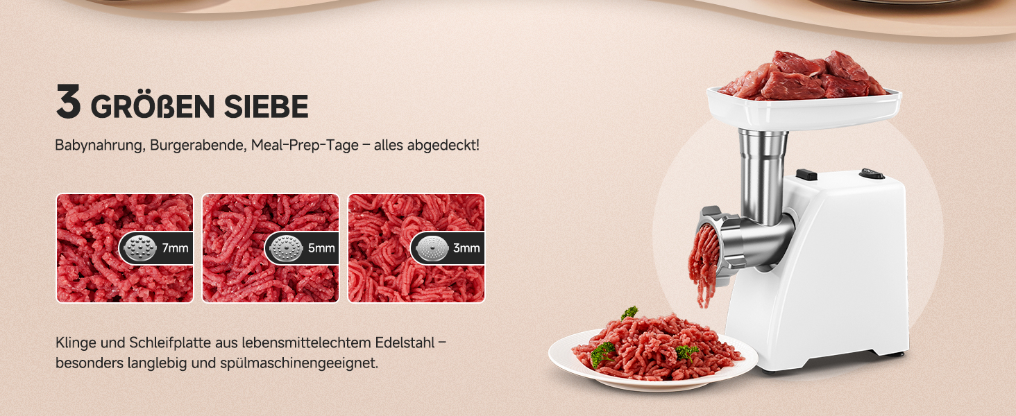 М'ясорубка електрична AMZCHEF для дому з 3 насадками, пристроєм для ковбас та набором для куббе | Ідеально для фаршу, ковбасок та домашньої кухні (біла)