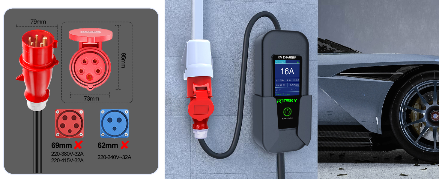 Мобільна зарядка для електромобіля 7 кВт, кабель CEE 32A, Type 2, 5м, 8-32A, з цифровим дисплеєм