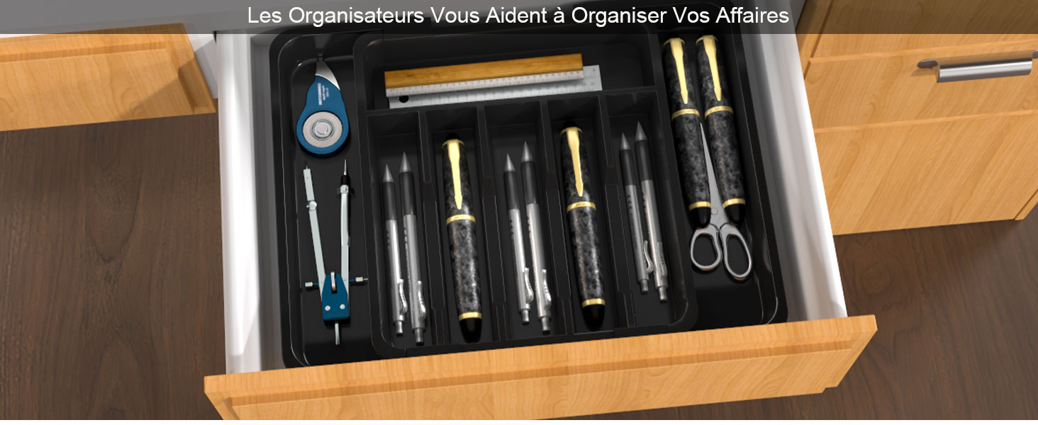 Органайзер для столових приборів в шухляду 40 см, чорний, пластиковий, з регульованими перегородками (6-8 відділень)