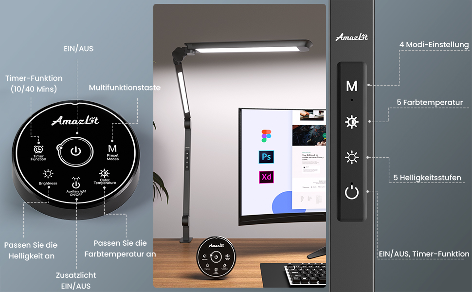 AmazLit Adjustable LED Desk Lamp with Dual Light Source - 12W/16W Dimmable Architect Lamp with Remote Control & Clamp