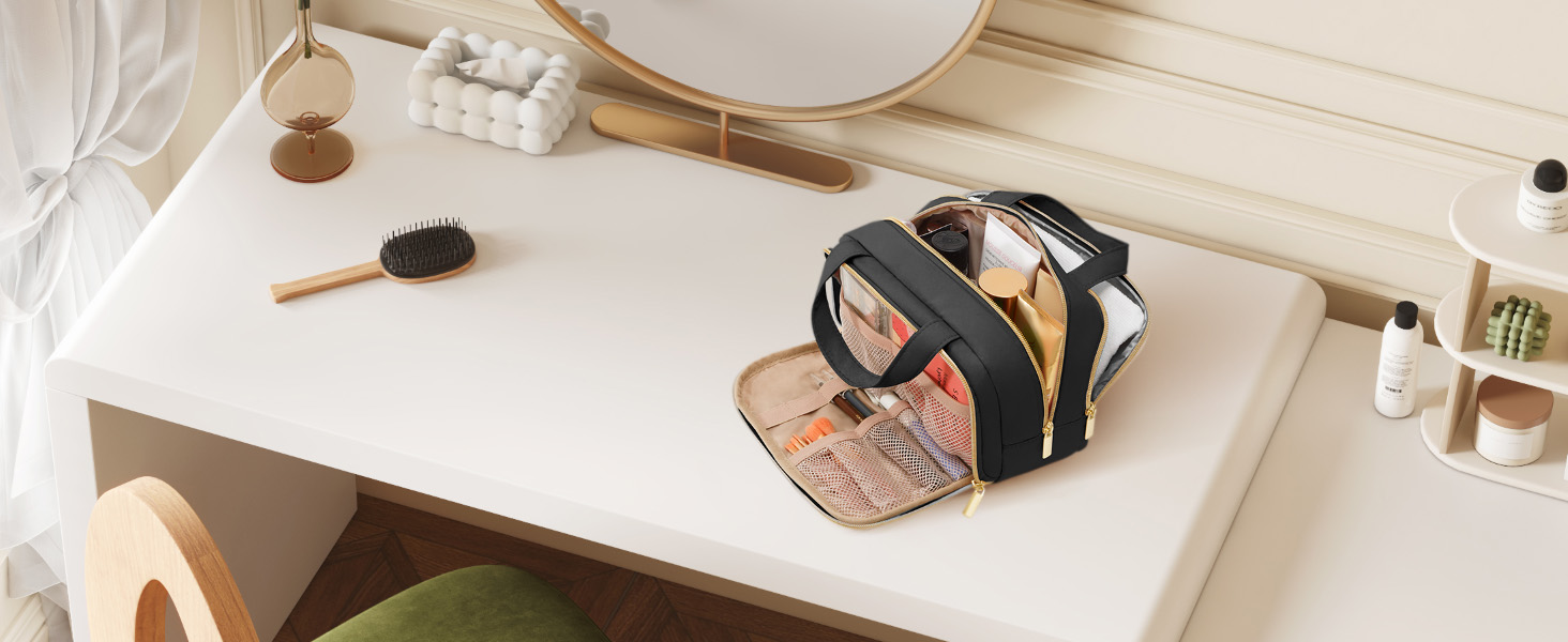 Жіноча дорожня косметичка Lifewit 5L, водовідштовхувальна косметичка з відділенням для мокрого одягу, органайзер для макіяжу, аксесуарів, шампуню та туалетних речей, чорна, M