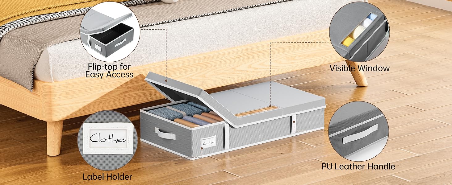 Комод під ліжко LAMU 2 шт., ящик для зберігання під ліжко з кришкою, великий, складний, сумка для зберігання одягу з віконцем та 4 ручками для ковдр, одягу, взуття, сірий, 80x40x15 см, 48 л, сірий
