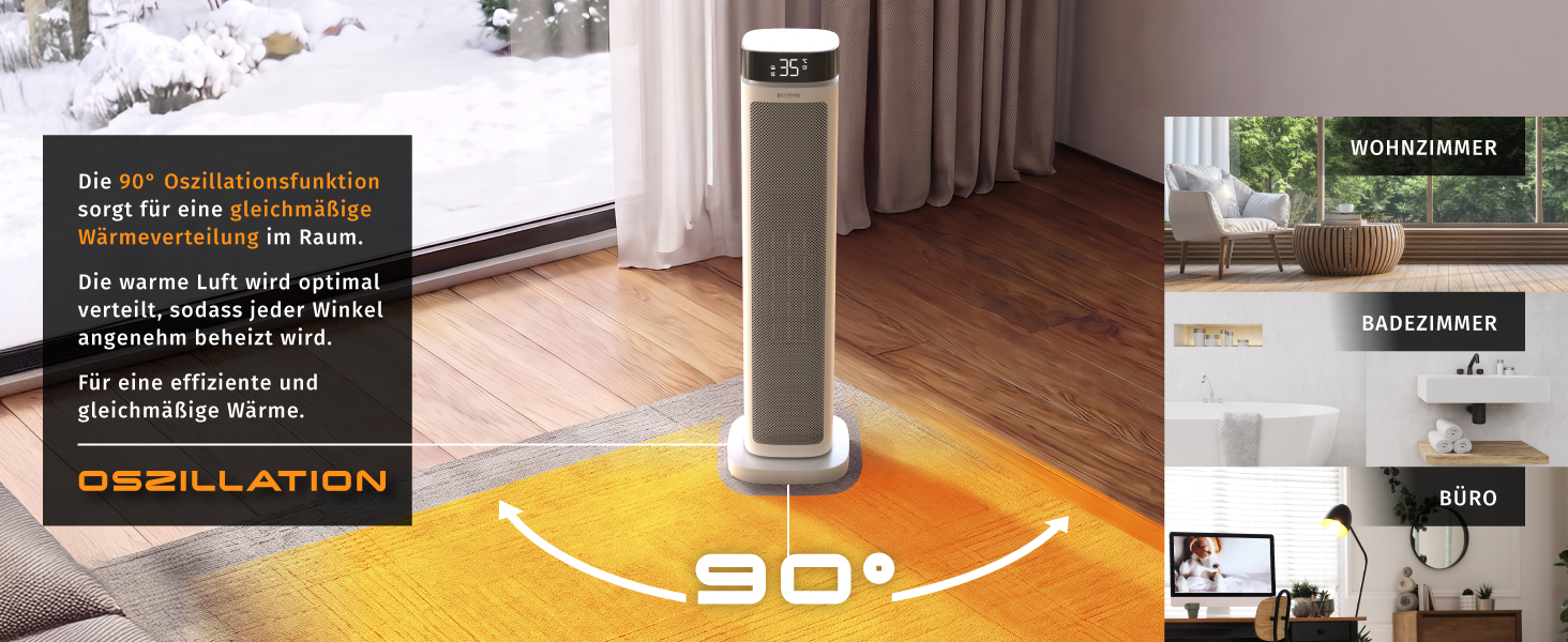 Керамічний обігрівач Brandson ECO Design 2000 Вт з дистанційним керуванням, функцією осциляції та ECO-режимом для спальні та ванної кімнати