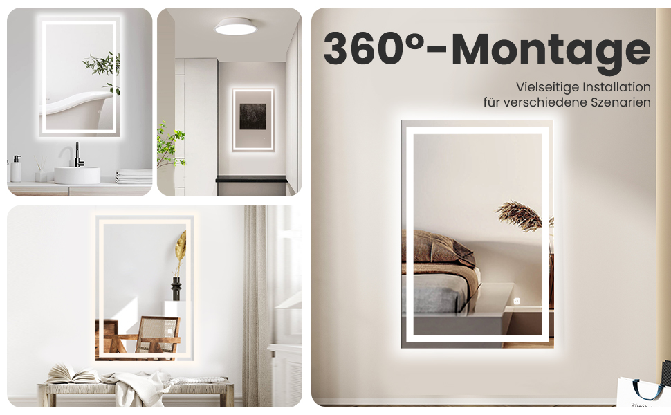 LED дзеркало для ванної кімнати 70x50 см з підсвічуванням | IP54, сенсорне керування, монтаж вертикально/горизонтально, 6500K