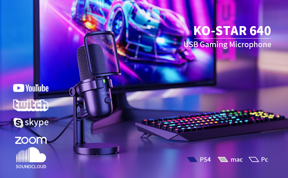 KO-Star USB мікрофон з RGB підсвіткою для ПК та смартфона – конденсаторний мікрофон зі штильником, регулятором підсилення, поп-фільтром та антивібраційним кріпленням для стрімінгу, подкастів та запису