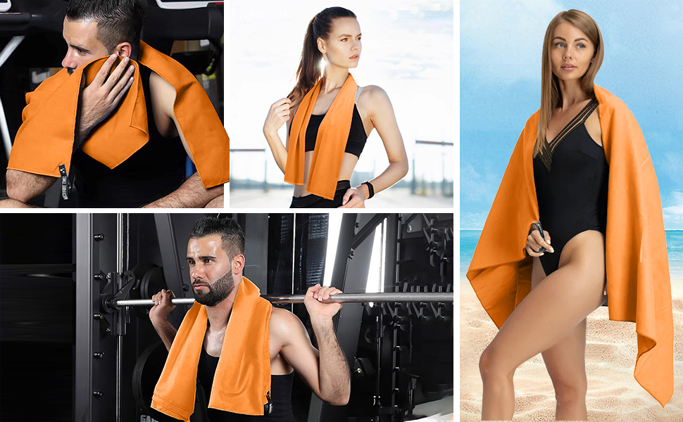 Набір з 3 рушників з мікрофібри, 180x80 см + 2 рушники 80x40 см, для фітнесу, сауни, пляжу, подорожей, темно-зелений (оранжевий)