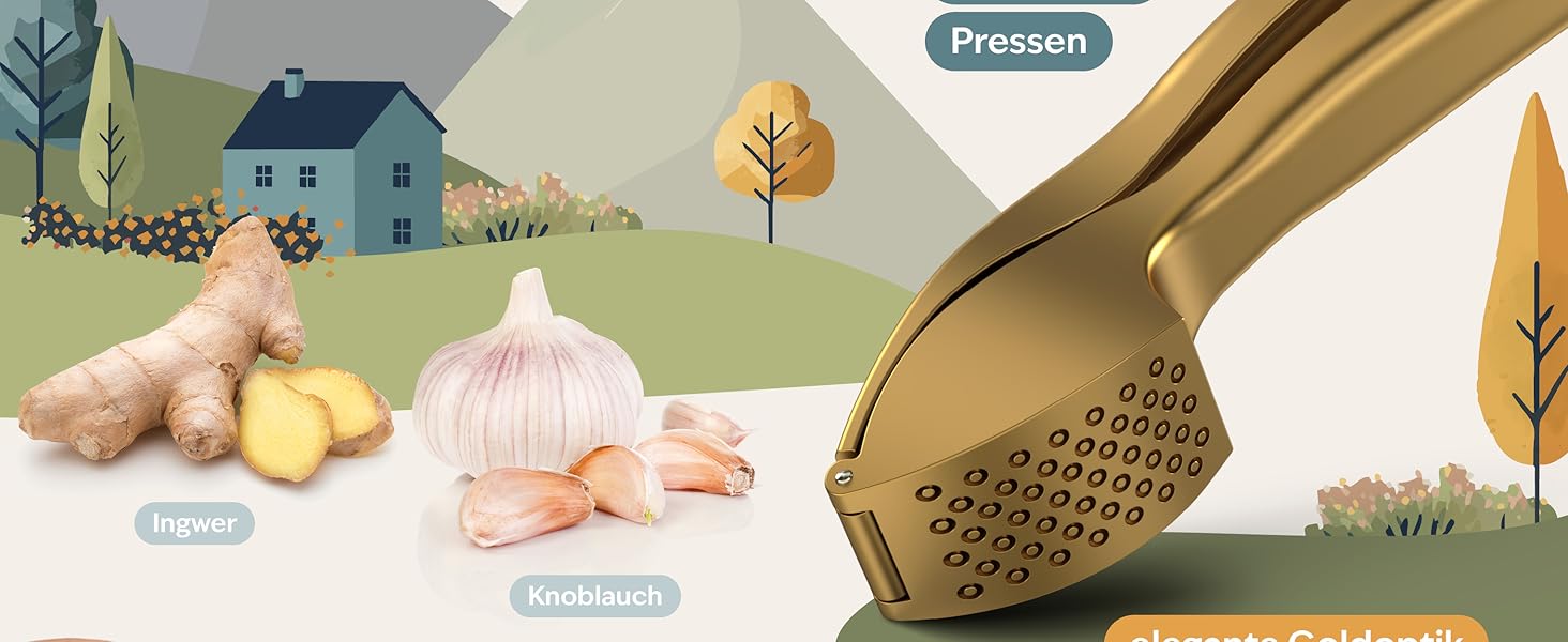 Преміум-прес для часнику Kjøk - з цинкової сплави, хромоване покриття, професійний, для миття в посудомийній машині, стильний, подарунок на День Матері (золотий)