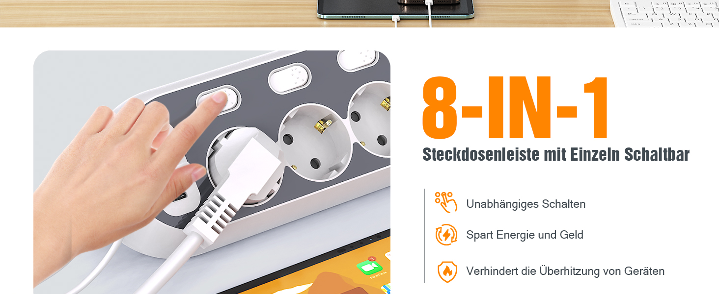Мережевий фільтр з USB, індивідуальне вмикання розеток, 4 розетки, 2 USB-C, 8 в 1 з вимикачем, адаптер з кабелем 1,5м для кухні, дому, офісу