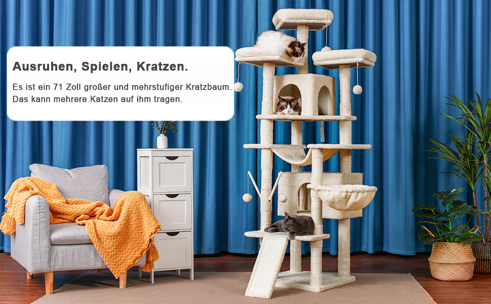 Великий котячий будиночок Hey-brother Kratzbaum XXL, 180 см, стабільний з сизалевим мотузком, велике дряпальний борд, кошик, 3 платформи та 2 будиночки (Бежевий)