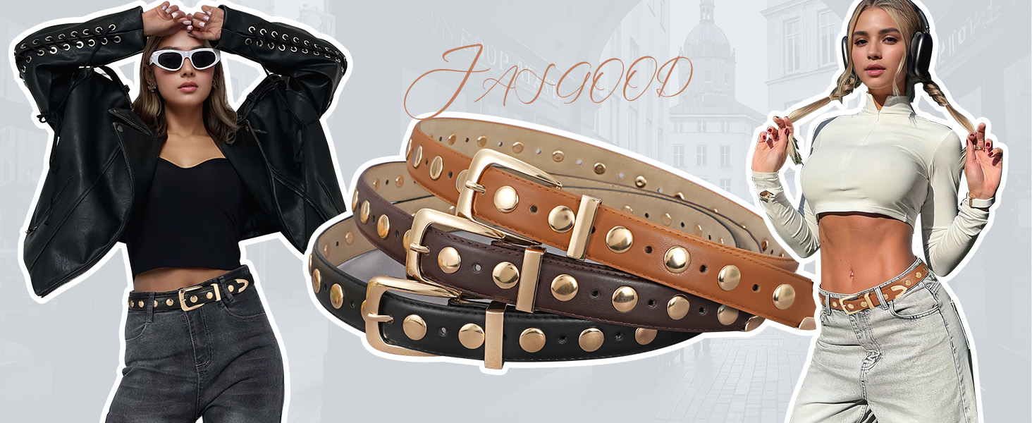 Жіночий шкіряний ремінь JASGOOD з золотою пряжкою, вінтажний панк-рок, модний ремінь з шипами для джинсів та повсякденного носіння, класичний чорний, 130 см: для розміру 105-114 см