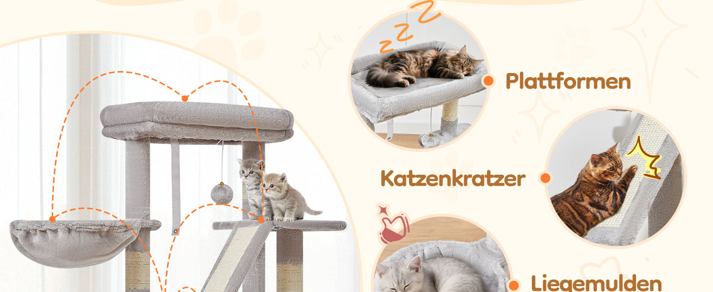 Котячий будиночок Taoqimiao з когтеточкою, 98 см, сірий. Когтеточка для котів, кігтеточка-дерево з будиночком, кошиком, 4 когтеточками та іграшками. MS029SW