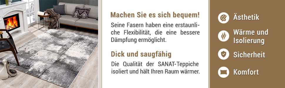 Килим для вітальні SANAT Modern Design - короткий ворс, для вітальні, спальні, кухні, ручна обробка, сертифікат Öko-Tex 100, сірий, 80x150 см