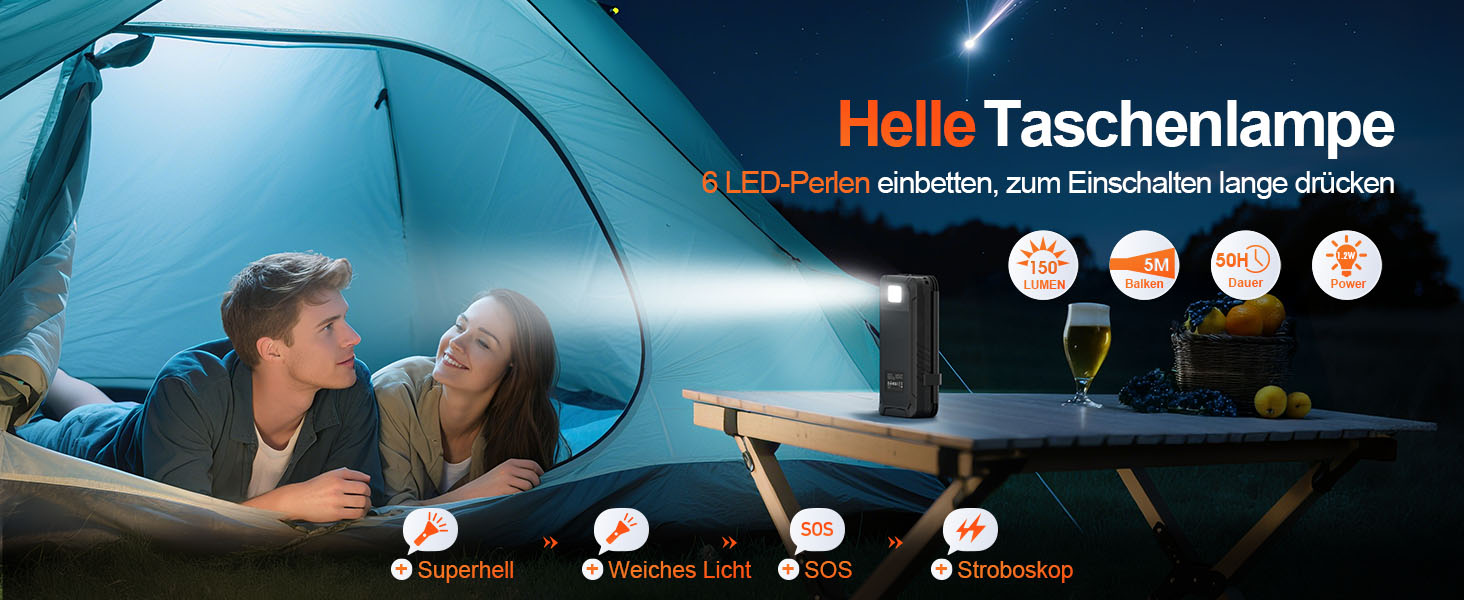 Сонячний павербанк 26800mAh elzle з 2 USB-A виходами та 1 USB-C входом, вологостійкий зовнішній акумулятор з 4 сонячними панелями та ліхтариком для смартфонів, планшетів, кемпінгу, чорний