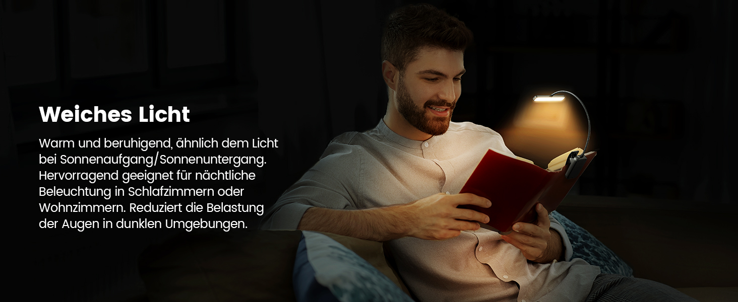 Світлодіодна лампа для читання Glocusent з кріпленням на книгу, 26 LED, 5 температур кольору, регулювання яскравості, USB-C, 360° гнучкість, чорний колір
