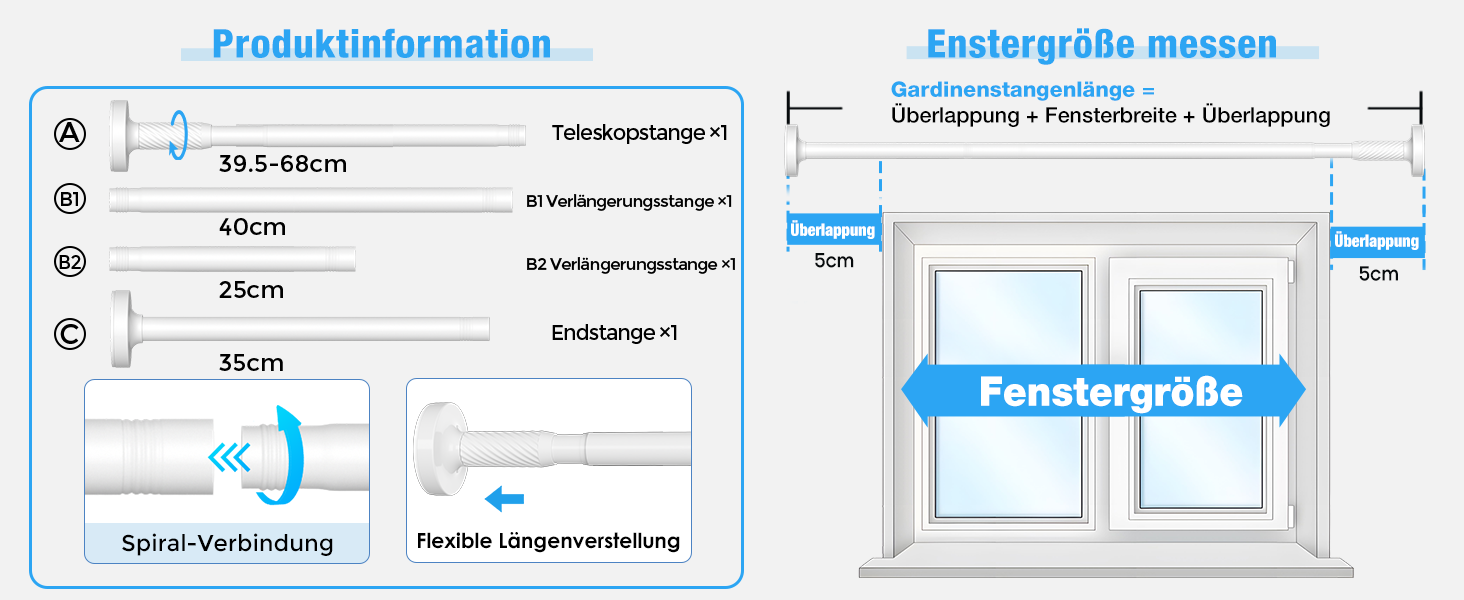 Штанга для карнизів AIZESI без свердління, 100-230 см, Ø 25 мм, телескопічна, для кріплення - регульована штанга для вікон, душу, балкону (білий, 81-158 см)