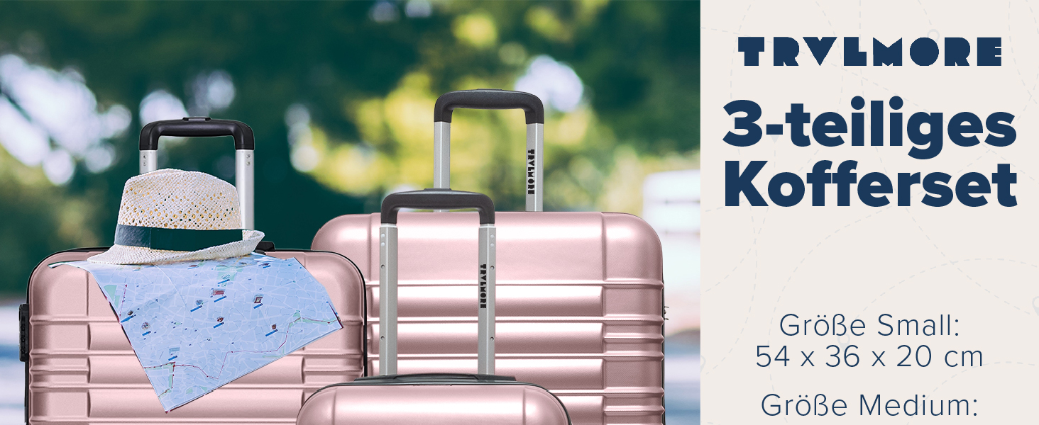 Набір валіз TRVLMORE 3 в 1: маленька, середня, велика, сірий колір, з рожевим золотом, з жорсткою оболонкою, 55x40x20 см (ручна поклажа)